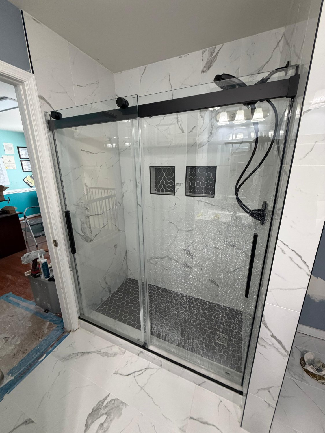 Marble walk-in shower remodel